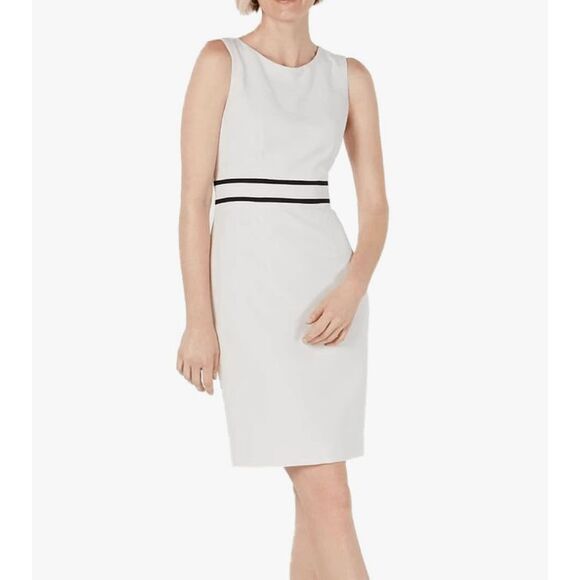 Kasper NWT Black Piped Cream Crepe Sheath Dress, Size 16P, MSRP $89 - Picture 1 of 12